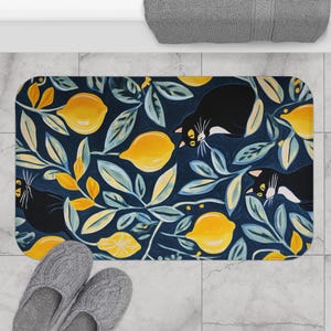 Blue Coastal Bath Mat: Cats & Lemons, Non-Slip Memory Foam Rug
