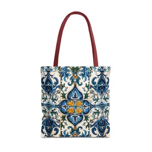 Mediterranean Tote Bag, Portuguese Tile Beach Bag, Blue Floral Azulejo Shopping Tote image 3
