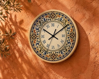 Mediterranean Wall Clock, Spanish Tile Clock, Blue Azulejo Decor, Italian Wall Decor, Portuguese Tile Clock, Coastal Kitchen Clock