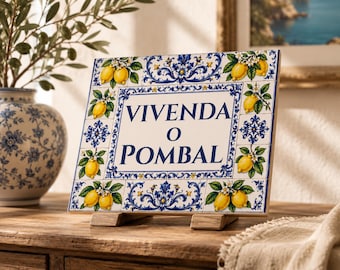 Personalized Portuguese Ceramic Tile House Sign, Custom Villa Name Plaque, Lemon Azulejo Decor, Mediterranean Home Gift