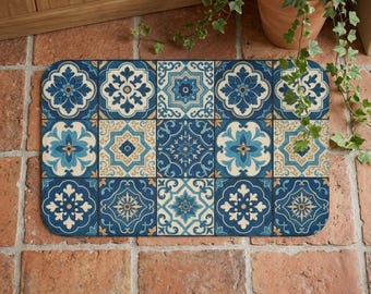 Portuguese Azulejo Bath Mat | Blue Tile Bathroom Rug | Mediterranean Coastal Decor