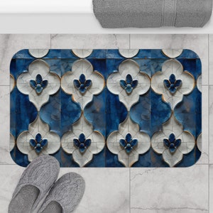 Mediterranean Tile Bath Mat: Non-Slip Victorian Washroom Rug