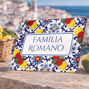 Custom Family Name Tile Sign, Kitchen Decor, Mediterranean Lemons & Flowers Personalized Gift