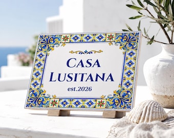 Custom Portuguese Azulejo Tile Sign, Personalized Family Name Ceramic Plaque, Custom Housewarming Gift, Mediterranean Home, Coastal Decor