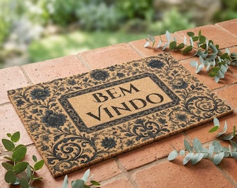 Custom Bem Vindo Doormat, Portuguese Welcome Mat, Neutral Floral Coir Rug