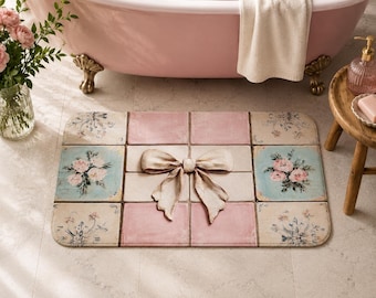 Dywanik łazienkowy Blush Pink Coquette – dywanik łazienkowy z kokardą w stylu vintage – wystrój Shabby Chic CottageCore