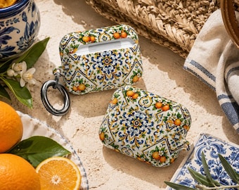 Mediterranean Orange Tile AirPods Case, Spanish Citrus AirPods Cover, Italian Coastal AirPods Pro Case, Orange Blossom Azulejo, Travel Gift