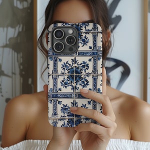 Phone Tough Case in Azulejo Porcelain Blue Tile Mediterranean Design (available for latest iPhone models, Google Pixel, Samsung Galaxy)
