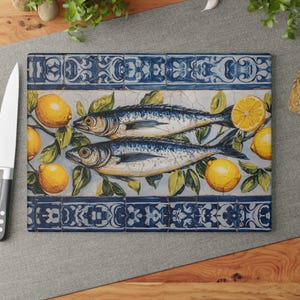 Mediterranean Sardines & Lemons Glass Cutting Board: Coastal Kitchen Decor
