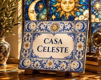 Personalized Celestial Ceramic Tile, Custom House Name Sign, Sun Moon Portuguese Azulejo Plaque, Blue White Family Name Tile Decor