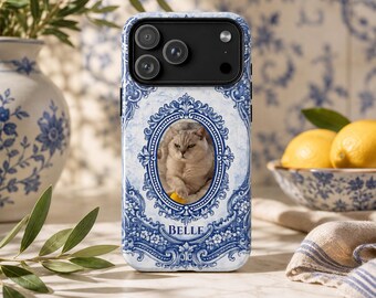 Custom Photo & Text Phone Case in Blue Azulejo Tile Motif | Personalized Pet Cat Dog Phone Case - Traditional Portuguese