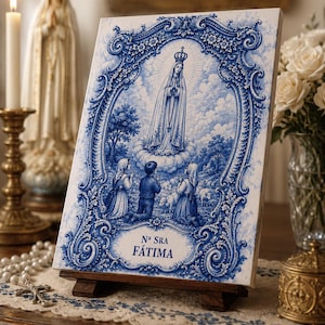 Può includere: Una targa rettangolare con un'illustrazione in blu e bianco della Vergine Maria che appare a tre bambini in un campo con pecore. La scena è racchiusa in un bordo floreale ornato con il testo Nª SRA FÁTIMA stampato nella parte inferiore.