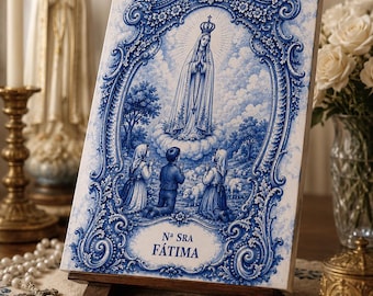 Nossa Senhora de Fátima Ceramic Tile | Portuguese Blue Azulejo Style Catholic Decor | Fatima Pilgrimage Gift | Religious Wall Art | 6x8 Tile