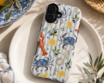 Mediterranean Seafood Phone Case | Coastal Crab & Lobster iPhone Case | Blue Striped Nautical Citrus Design | Samsung Google Pixel Cover