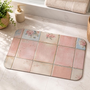 Blush Pink Floral Bath Mat | Ceramic Tile Motif - Soft Memory Foam - Cottagecore Bathroom