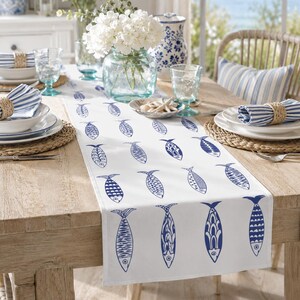Mediterranean Table Runner With Sardines: Coastal Blue & White Kitchen Linen - Cotton Polyester