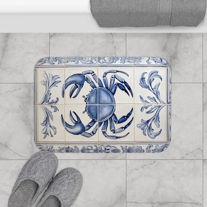 Alfombra de baño con diseño de cangrejo azul: Azulejo mediterráneo, espuma viscoelástica antideslizante, suave y resistente.