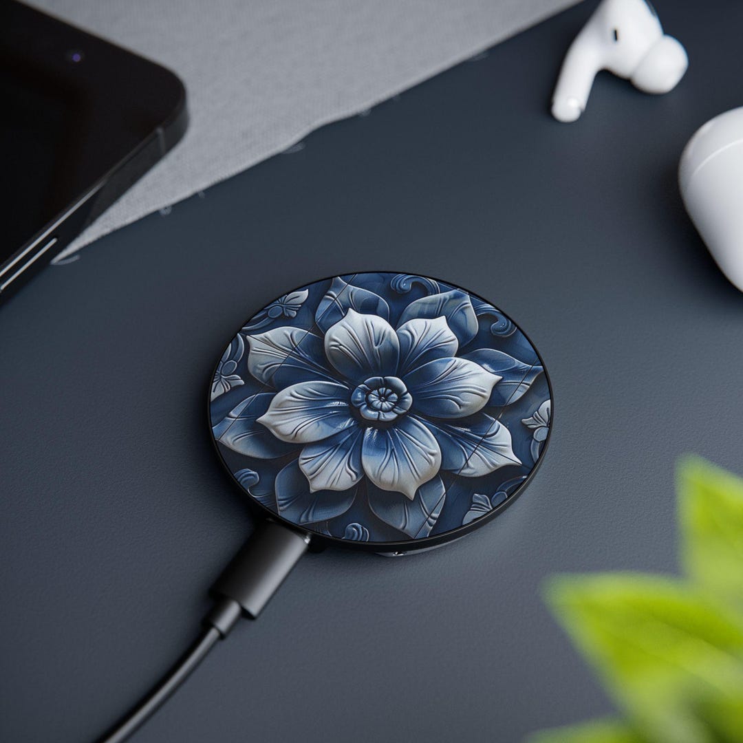 Magsafe Phone Charger With Popsocket in Blue Floral Ceramic Tile Design