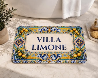 Personalized Lemon Tile Bath Mat, Italian Style Bathroom Rug, Mediterranean Amalfi Coast Decor, Azulejo Bathroom Rug, Custom Villa Bath Mat