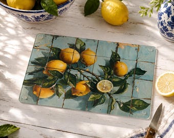 Mediterranean Lemon Glass Cutting Board – Green Azulejo Kitchen Decor – Tempered Glass Chopping Board