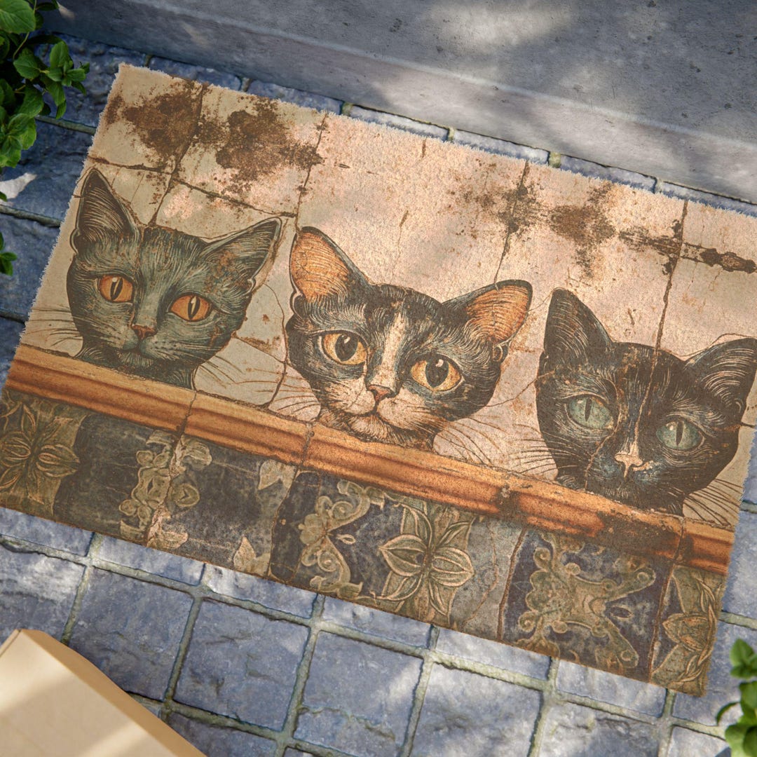 Entryway Rug With Three Cats: Vintage Style Welcome Mat - 24x16 Inches ...