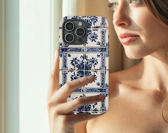 Blue Floral Azulejo Tile Phone Case: Vintage Portuguese Ceramic Motif, Dual Layer Protection
