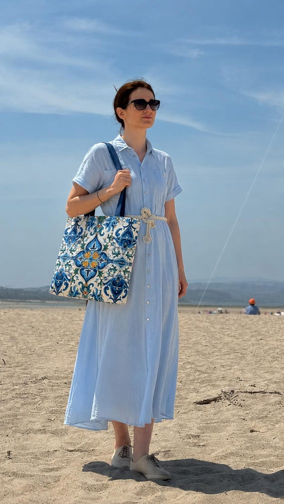 Mediterranean Tote Bag, Portuguese Tile Beach Bag, Blue Floral Azulejo Shopping Tote