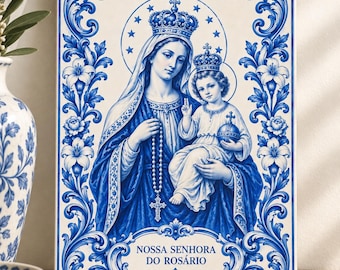 Our Lady of the Rosary Ceramic Tile, Nossa Senhora do Rosário Azulejo, Catholic Marian Icon, Portuguese Religious Gift, Virgin Mary Decor