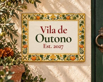 Personalized Autumn House Sign, Pumpkin Ceramic Tile, Custom Portuguese Azulejo, Fall Villa Name Plaque, Gourds Housewarming Gift