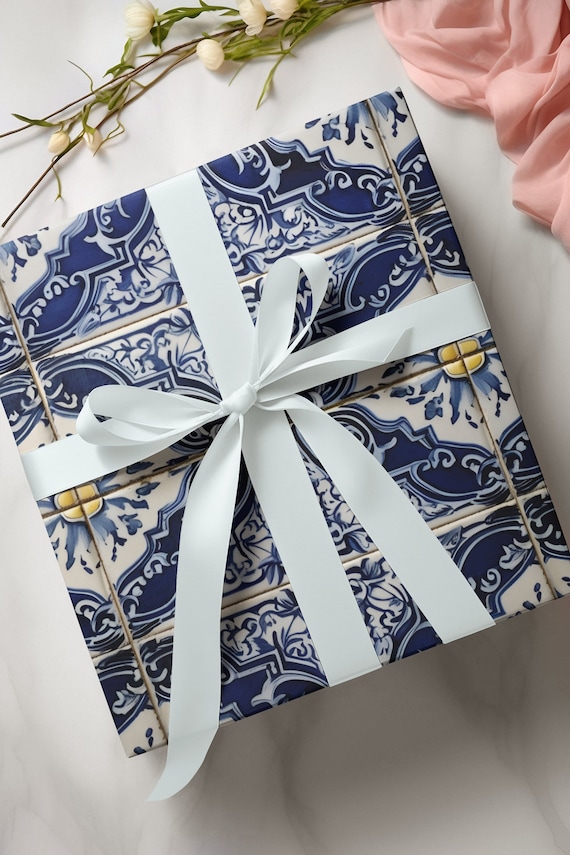 Blue Tile Gift Wrapping Paper: Portuguese Azulejo Floral Design