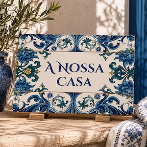 Keramische tegel op maat - Uw familie-/huisnaam in blauw mediterraan kustmotief - Gepersonaliseerde plaquette