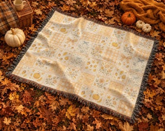 Autumn Patchwork Woven Blanket – Cozy Pumpkin & Floral Throw, Fall Cottagecore Home Decor Tapestry