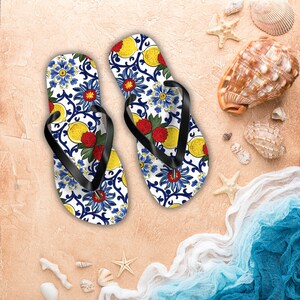 Floral Tile Flip Flops: Lemon Mediterranean Style Beach Shoes