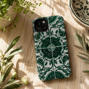 Green Ceramic Tile  Phone Case - Traditional Portuguese Azulejo iPhone Cover, Classic Traditional Mediterranean Style, Boho Cottagecore