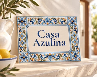 Personalized Portuguese Tile Sign, Custom Azulejo House Plaque, Blue Floral Ceramic Tile, Casa Name Sign, Mediterranean Housewarming Gift