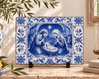 Nativity Slate Plaque | Blue Azulejo Holy Family Christmas Decor