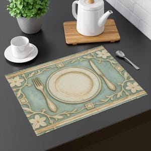 Kitchen Placemat - Plate Fork & Knife Print, Mediterranean Table Setting, Housewarming Gifts, Table Mat 1 Piece, Dinner Table Decoration