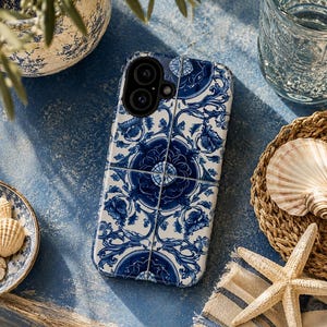 Blue Tough Phone Case in Vintage Ceramic Tile Motif - Mediterranean Ornate Pattern