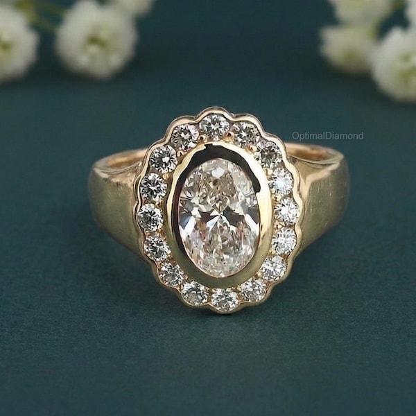 Sunburst Signet | Oval Lab Grown Diamond Halo Pinky Signet Ring 1.50 CTW Gold or Platinum, Diamond Engagement Ring For Her, Bridesmaid Gift