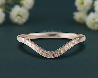 Alliance art filigrane vintage, chevrons, bague de fiançailles artistiques en filigrane, anneau incurvé antique gravé, anneau de promesse en or blanc 14 carats