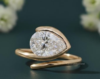 Bague avec diamants cultivés en laboratoire taille poire de 2,70 carats, bague de fiançailles diamant solitaire serti clos, anneau unique, alliance en or jaune massif 14 carats