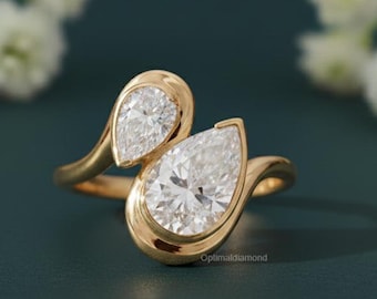 Bague en diamant taillé en poire de 1,60 TCW, bague de fiançailles toi et moi, alliance serti clos, bague en or jaune massif 14 carats, bague en diamant CVD