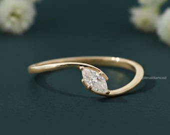 0.10 Ct Solitaire Diamond Engagement Ring, Marquise Cut Lab Grown Diamond Ring, Bypass Band Diamond Ring, Dainty Diamond Promise Gift Ring