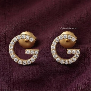 Custom Letter G Diamond Studs Earrings, 0.22CTW Lab Grown Pave Initial Studs, 14K Solid Gold Dainty Studs For Her, Monogram Jewelry For Her