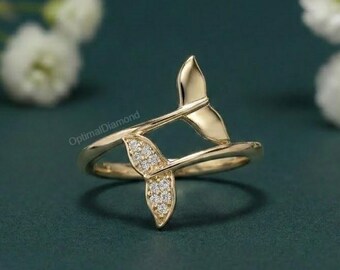Bague diamant queue de baleine en or massif 14 carats, bague fantaisie baleine, bague queue de baleine diamant pour elle, bague diamant baleine délicate, cadeau pour elle