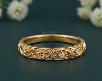 Alliance millegrain inspirée des feuilles, alliance de fiançailles avec diamants cultivés en laboratoire taille ronde, alliance éternité de style floral, alliance en or 14 carats