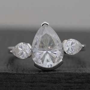 3.70 TCW Pear Cut Lab Grown Diamond Ring, Half Bezel Set Engagement Ring, IGI Certified CVD Diamond Ring, Three Stone Wedding Ring For Bride