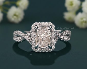 Bague de fiançailles halo de diamants radieux de 1,0 à 3,0 carats Bague en diamants cultivés en laboratoire véritable Bague sertie pavé torsadé Bague d'anniversaire en diamants radieux