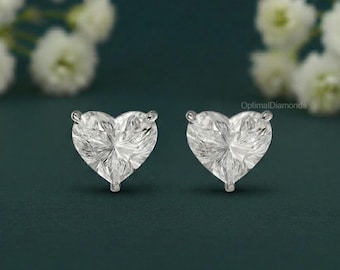 Boucles d'oreilles diamants cultivés en laboratoire taille coeur 1 + 1 CTW pour elle, clous d'oreilles diamant solitaire coeur, boucles d'oreilles diamant uniques, cadeau de demoiselle d'honneur pour elle
