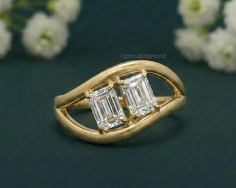Bague de fiançailles diamant pour elle créée en laboratoire, bague d'anniversaire en or jaune massif 14 carats, 1,10 carat E/VVS2 taille émeraude, Alliance deux pierres